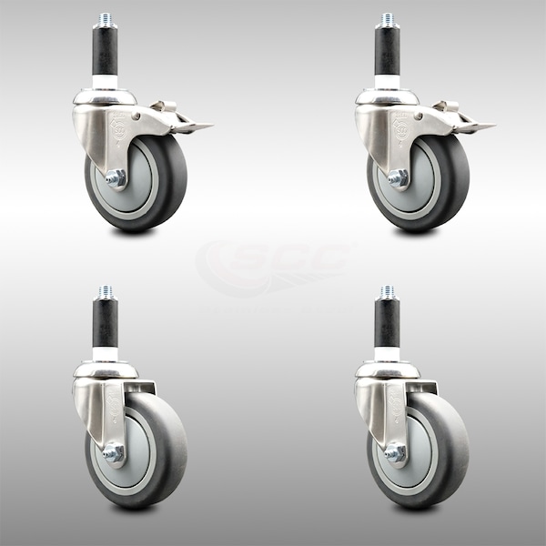 Service Caster 4 Inch 316SS Thermoplastic Rubber Swivel 1-1/8 Inch Stem Caster Lock Brake, 2PK SCC-SS316TTLEX20S414-TPRB-2-S-2-118 - main